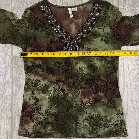 Y2K Sami Jo Womens Blouse Medium Green Brown Velvet Burnout Crystals Fairygrunge - Picture 10 of 10